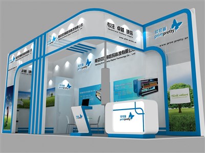 30平米展臺設(shè)計制作：二面開口/現(xiàn)代/木質(zhì)結(jié)構(gòu)/藍色，為機械展展商而作（免費使用）