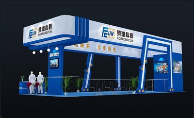 90平米展臺設(shè)計制作：四面開口/現(xiàn)代/木質(zhì)結(jié)構(gòu)/藍(lán)色，為機(jī)械展展商而作（免費(fèi)使用）