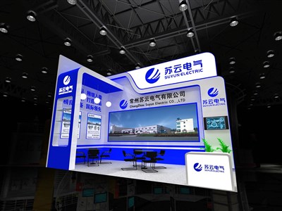 32平米展臺設(shè)計制作：二面開口/現(xiàn)代/木質(zhì)結(jié)構(gòu)/藍色，為機械展展商而作（免費使用）