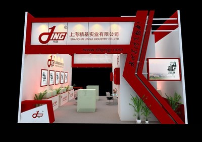 72平米展臺設(shè)計制作：二面開口/現(xiàn)代/木質(zhì)結(jié)構(gòu)/紅色，為機械展展商而作（免費使用）