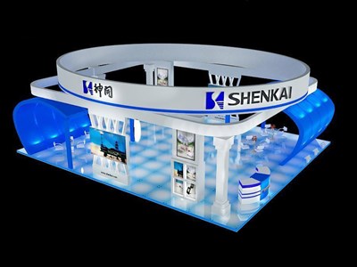 120平米展臺設(shè)計制作：三面開口/前衛(wèi)/木質(zhì)結(jié)構(gòu)/藍色，為機械展展商而作（免費使用）