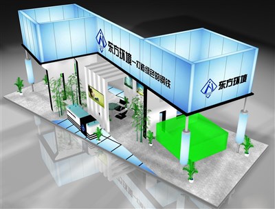 70平米展臺設(shè)計制作：四面開口/前衛(wèi)/木質(zhì)結(jié)構(gòu)/藍(lán)色，為機(jī)械展展商而作（免費使用）