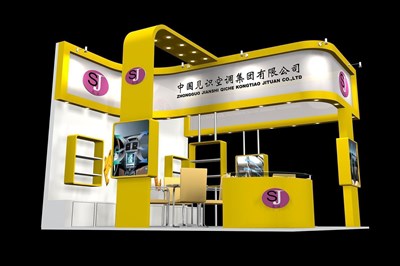36平米展臺設(shè)計制作：三面開口/現(xiàn)代/木質(zhì)結(jié)構(gòu)/黃色，為家電展展商而作（免費使用）