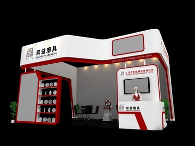 48平米展臺設(shè)計(jì)制作：三面開口/現(xiàn)代/木質(zhì)結(jié)構(gòu)/紅色，為機(jī)械展展商而作（免費(fèi)使用）