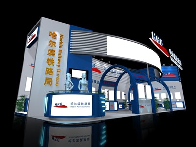 102平米展臺設(shè)計制作：二面開口/現(xiàn)代/木質(zhì)結(jié)構(gòu)/藍色，為機械展展商而作（免費使用）