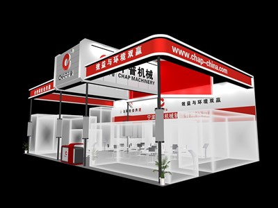 135平米展臺(tái)設(shè)計(jì)制作：三面開口/現(xiàn)代/木質(zhì)結(jié)構(gòu)/紅色，為機(jī)械展展商而作（免費(fèi)使用）