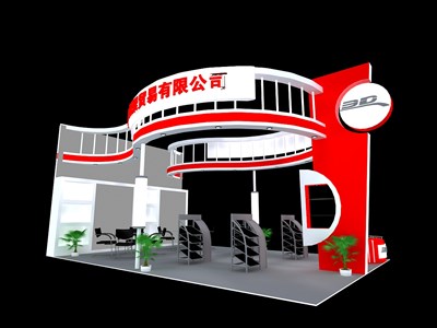 54平米展臺設(shè)計制作：三面開口/現(xiàn)代/木質(zhì)結(jié)構(gòu)/紅色，為汽配展展商而作（免費使用）
