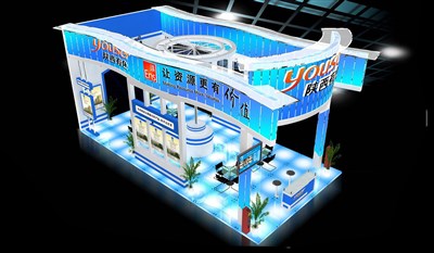 72平米展臺設(shè)計制作：四面開口/現(xiàn)代/型材結(jié)構(gòu)/藍(lán)色，為汽配展展商而作（免費(fèi)使用）