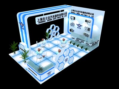 54平米展臺(tái)設(shè)計(jì)制作：三面開口/前衛(wèi)/木質(zhì)結(jié)構(gòu)/藍(lán)色，為汽配展展商而作（免費(fèi)使用）