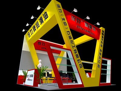 36平米展臺設(shè)計制作：三面開口/現(xiàn)代/木質(zhì)結(jié)構(gòu)/黃色，為汽配展展商而作（免費使用）