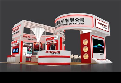 108平米展臺設(shè)計制作：四面開口/前衛(wèi)/木質(zhì)結(jié)構(gòu)/紅色，為電子展展商而作（免費使用）