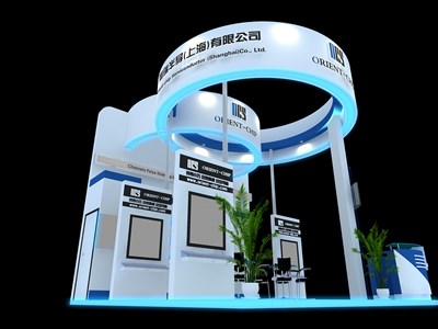 36平米展臺(tái)設(shè)計(jì)制作：三面開口/前衛(wèi)/木質(zhì)結(jié)構(gòu)/藍(lán)色，為電子展展商而作（免費(fèi)使用）