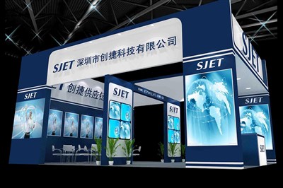 54平米展臺設(shè)計制作：三面開口/現(xiàn)代/木質(zhì)結(jié)構(gòu)/藍色，為電子展展商而作（免費使用）