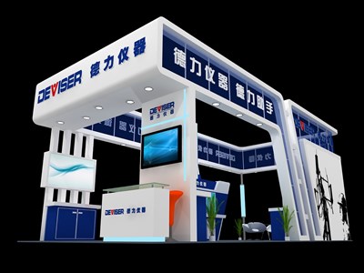 50平米展臺設計制作：四面開口/現(xiàn)代/木質結構/藍色，為電子展展商而作（免費使用）