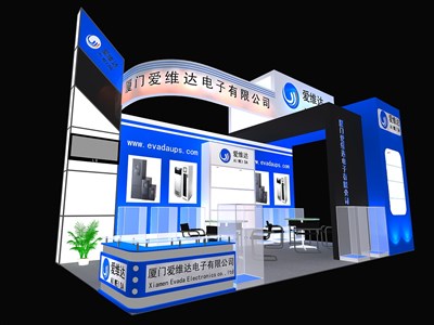18平米展臺(tái)設(shè)計(jì)制作：三面開口/現(xiàn)代/木質(zhì)結(jié)構(gòu)/藍(lán)色，為電子展展商而作（免費(fèi)使用）