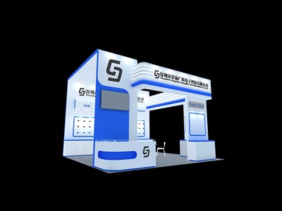 36平米展臺(tái)設(shè)計(jì)制作：三面開口/現(xiàn)代/木質(zhì)結(jié)構(gòu)/藍(lán)色，為電子展展商而作（免費(fèi)使用）