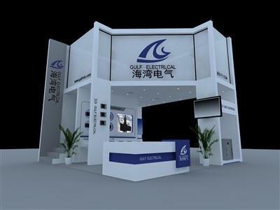 36平米展臺設(shè)計制作：三面開口/現(xiàn)代/木質(zhì)結(jié)構(gòu)/藍色，為電子展展商而作（免費使用）