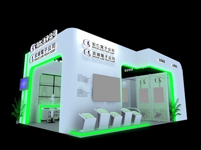 54平米展臺(tái)設(shè)計(jì)制作：二面開口/現(xiàn)代/木質(zhì)結(jié)構(gòu)/綠色，為電子展展商而作（免費(fèi)使用）
