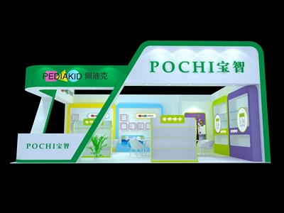 54平米展臺(tái)設(shè)計(jì)制作：一面開口/現(xiàn)代/木質(zhì)結(jié)構(gòu)/綠色，為嬰幼展展商而作（免費(fèi)使用）