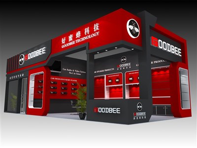 66平米展臺設(shè)計制作：二面開口/現(xiàn)代/木質(zhì)結(jié)構(gòu)/紅色，為電子展展商而作（免費使用）