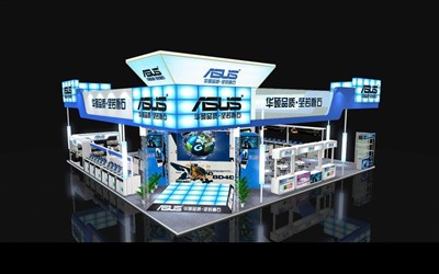 324平米展臺設計制作：四面開口/前衛(wèi)/型材結構/藍色，為電子展展商而作（免費使用）