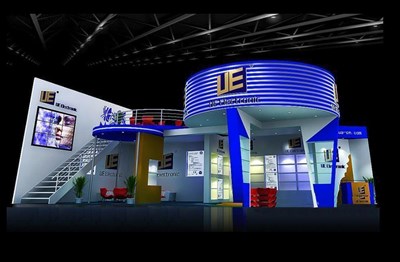 120平米展臺(tái)設(shè)計(jì)制作：二面開口/前衛(wèi)/雙層結(jié)構(gòu)/藍(lán)色，為電子展展商而作（免費(fèi)使用）