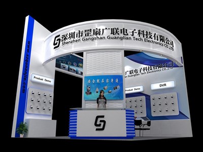 36平米展臺(tái)設(shè)計(jì)制作：三面開(kāi)口/前衛(wèi)/木質(zhì)結(jié)構(gòu)/藍(lán)色，為電子展展商而作（免費(fèi)使用）