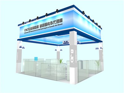 36平米展臺(tái)設(shè)計(jì)制作：四面開口/現(xiàn)代/木質(zhì)結(jié)構(gòu)/藍(lán)色，為綜合展展商而作（免費(fèi)使用）
