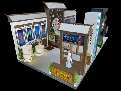 72平米展臺(tái)設(shè)計(jì)制作：三面開(kāi)口/中式/木質(zhì)結(jié)構(gòu)/灰色，為糖酒展展商而作（免費(fèi)使用）