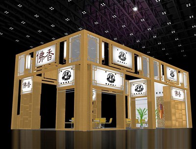 72平米展臺設(shè)計(jì)制作：三面開口/中式/木質(zhì)結(jié)構(gòu)/米色，為綜合展展商而作（免費(fèi)使用）