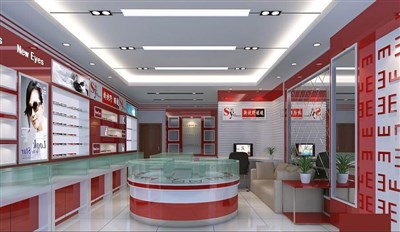 50平米展廳設(shè)計制作：現(xiàn)代/紅色，產(chǎn)品類展廳-眼鏡店（免費使用）