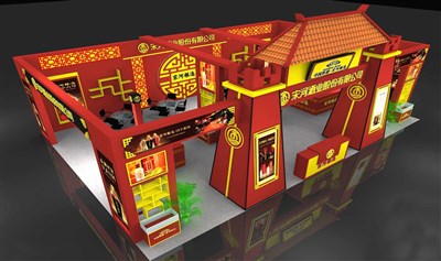 96平米展臺(tái)設(shè)計(jì)制作：三面開口/中式/木質(zhì)結(jié)構(gòu)/紅色，為糖酒展展商而作（免費(fèi)使用）