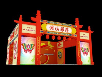 100平米展臺(tái)設(shè)計(jì)制作：三面開(kāi)口/中式/木質(zhì)結(jié)構(gòu)/紅色，為綜合展展商而作（免費(fèi)使用）