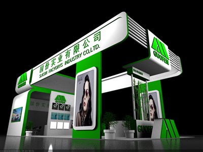 98平米展臺設(shè)計制作：三面開口/現(xiàn)代/木質(zhì)結(jié)構(gòu)/綠色，為化工展展商而作（免費使用）