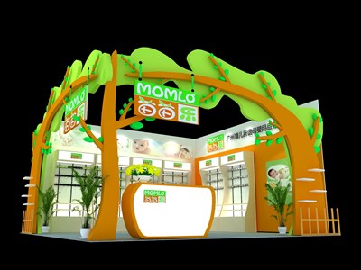 36平米展臺設計制作：二面開口/卡通/木質結構/綠色，為嬰幼展展商而作（免費使用）