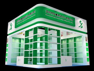 36平米展臺設(shè)計制作：二面開口/現(xiàn)代/木質(zhì)結(jié)構(gòu)/綠色，為綜合展展商而作（免費使用）