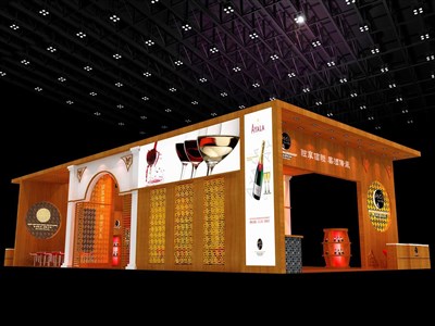 200平米展臺設計制作：四面開口/中式/木質結構/黃色，為糖酒展展商而作（免費使用）