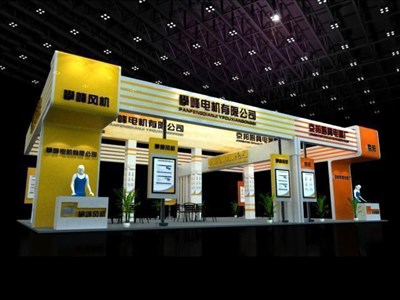 150平米展臺設(shè)計(jì)制作：四面開口/現(xiàn)代/木質(zhì)結(jié)構(gòu)/黃色，為電子展展商而作（免費(fèi)使用）