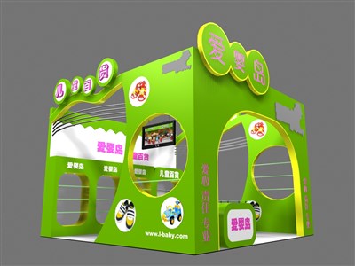 36平米展臺(tái)設(shè)計(jì)制作：三面開口/現(xiàn)代/木質(zhì)結(jié)構(gòu)/綠色，為嬰幼展展商而作（免費(fèi)使用）