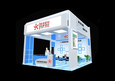 36平米展臺設計制作：三面開口/現(xiàn)代/木質(zhì)結(jié)構(gòu)/藍色，為綜合展展商而作（免費使用）