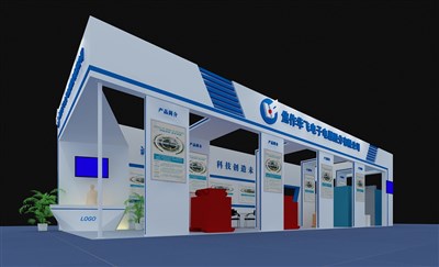 120平米展臺設(shè)計(jì)制作：二面開口/前衛(wèi)/木質(zhì)結(jié)構(gòu)/藍(lán)色，為電子展展商而作（免費(fèi)使用）