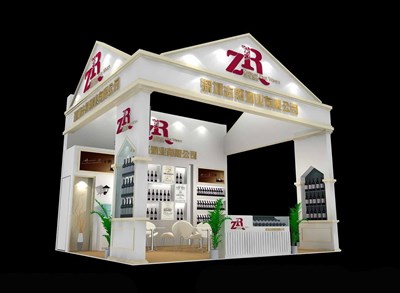 30平米展臺設(shè)計(jì)制作：三面開口/歐式/木質(zhì)結(jié)構(gòu)/米色，為糖酒展展商而作（免費(fèi)使用）