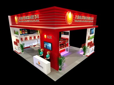 72平米展臺設計制作：三面開口/現代/木質結構/紅色，為化工展展商而作（免費使用）
