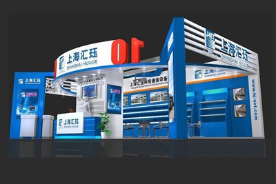 60.5平米展臺設計制作：三面開口/現(xiàn)代/型材結構/藍色，為電子展展商而作（免費使用）