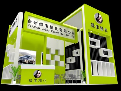 36平米展臺(tái)設(shè)計(jì)制作：三面開口/現(xiàn)代/木質(zhì)結(jié)構(gòu)/綠色，為化工展展商而作（免費(fèi)使用）
