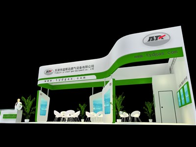 72平米展臺(tái)設(shè)計(jì)制作：三面開口/現(xiàn)代/木質(zhì)結(jié)構(gòu)/綠色，為化工展展商而作（免費(fèi)使用）