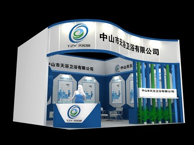 36平米展臺(tái)設(shè)計(jì)制作：一面開口/現(xiàn)代/木質(zhì)結(jié)構(gòu)/藍(lán)色，為衛(wèi)浴展展商而作（免費(fèi)使用）
