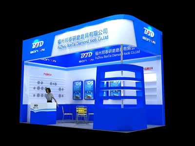 18平米展臺設(shè)計制作：二面開口/現(xiàn)代/木質(zhì)結(jié)構(gòu)/藍(lán)色，為綜合展展商而作（免費使用）