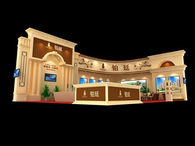 84平米展臺設(shè)計(jì)制作：二面開口/歐式/木質(zhì)結(jié)構(gòu)/米色，為房產(chǎn)展展商而作（免費(fèi)使用）