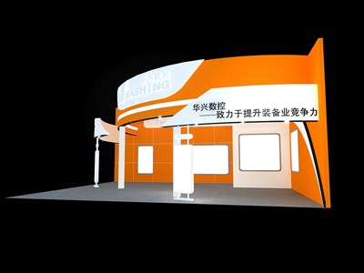 120平米展臺(tái)設(shè)計(jì)制作：二面開口/現(xiàn)代/型材結(jié)構(gòu)/橙色，為電子展展商而作（免費(fèi)使用）